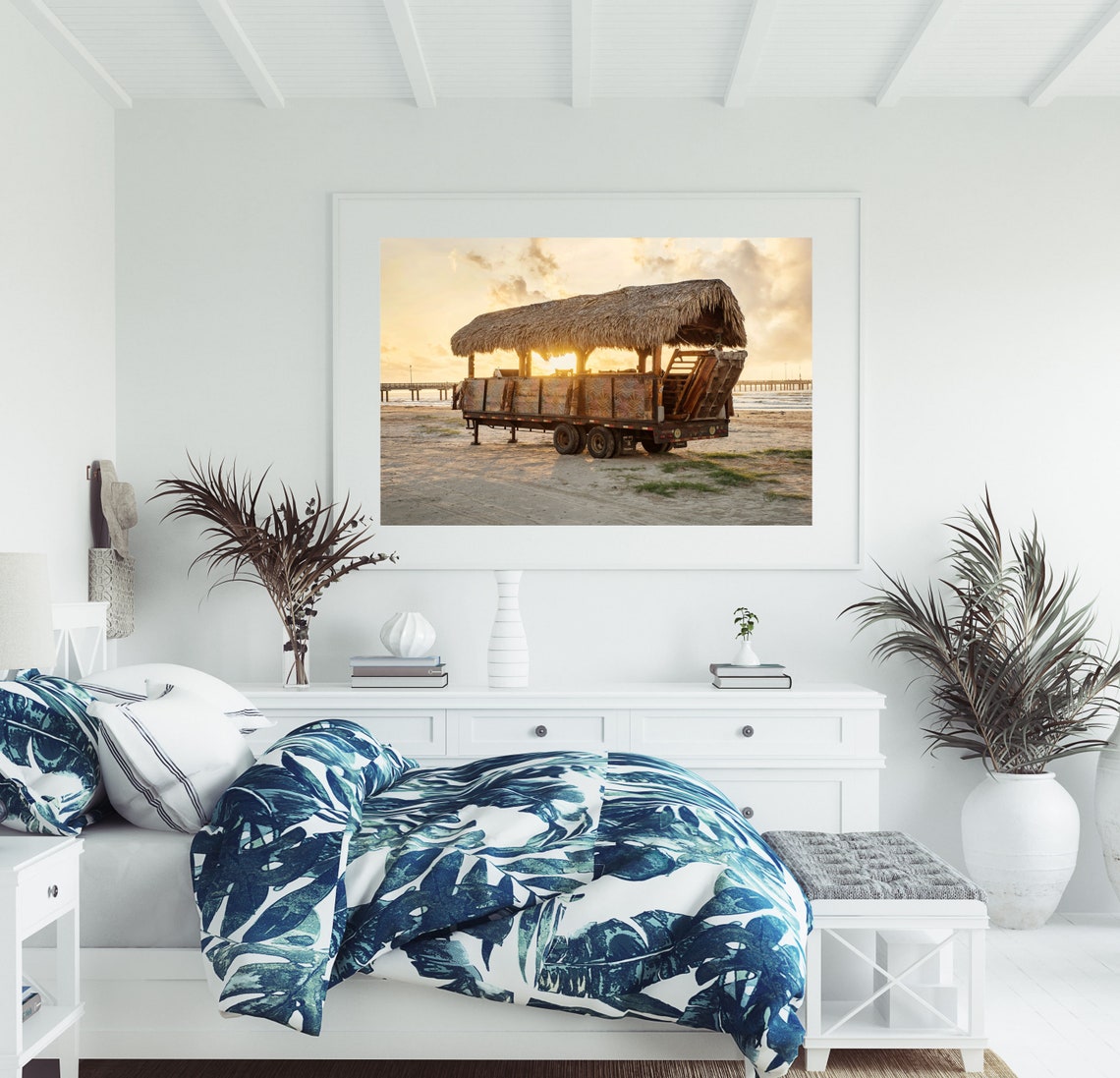 Tiki Bar Trailer on Sandy Beach at Golden Sunset Glow Poster