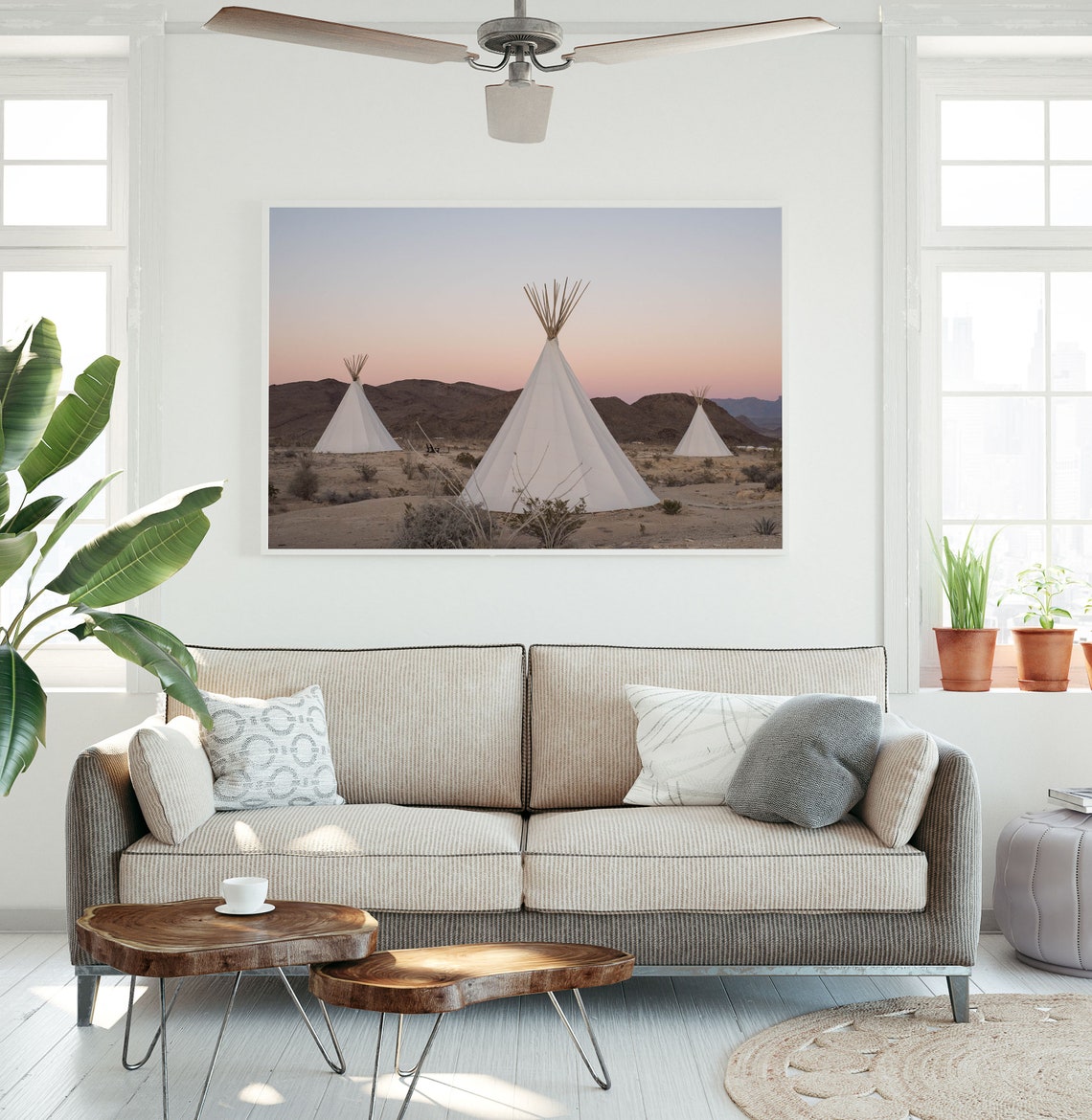Three White Tipis Standing in Quiet Desert at Soft Dusk Poster - Image 3