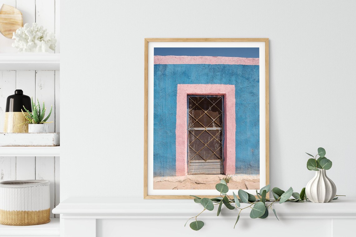 Colorful Blue Adobe Wall Pink Trim Door Desert Photography Poster - Image 3