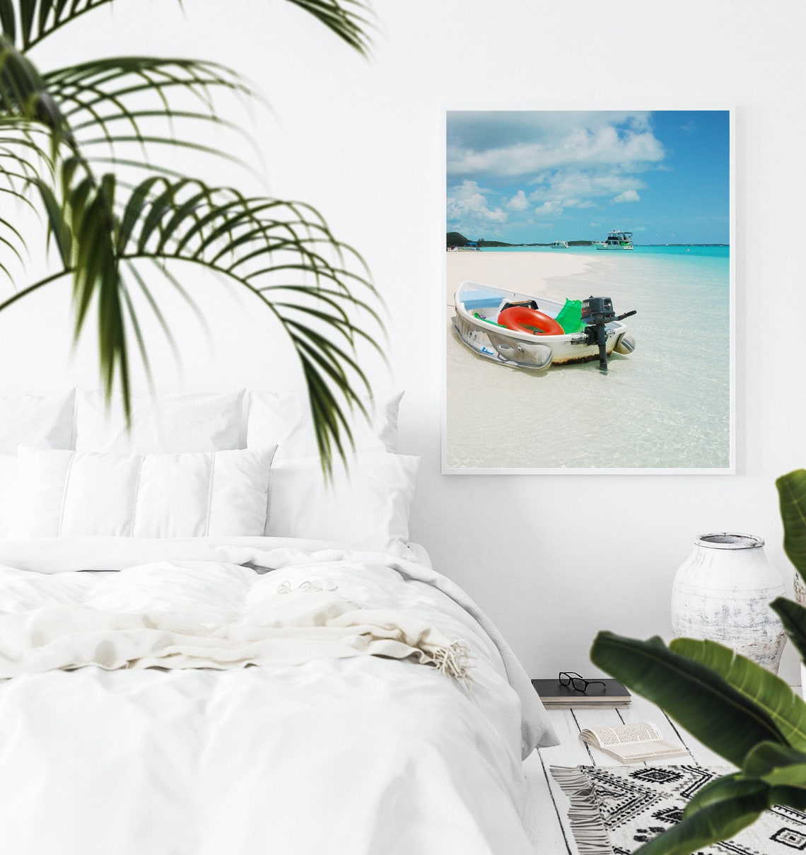 Small Motorboat Resting on a White Sandbar in Clear Water Poster - Image 3