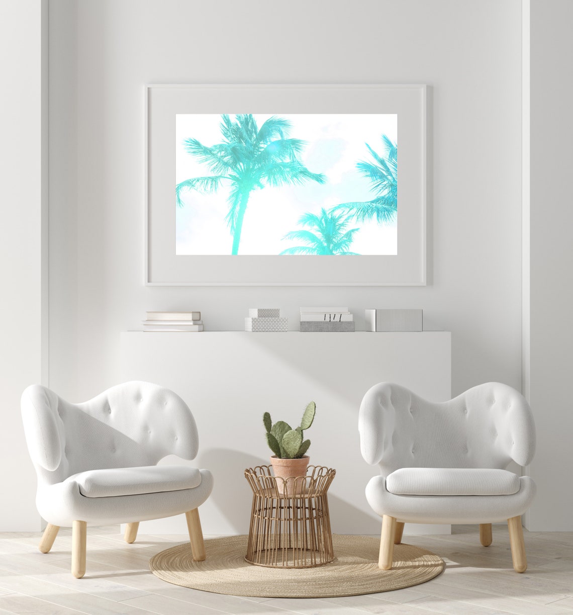 Aqua Palm Tree Silhouettes Against a Bright White Sky Poster - Image 3