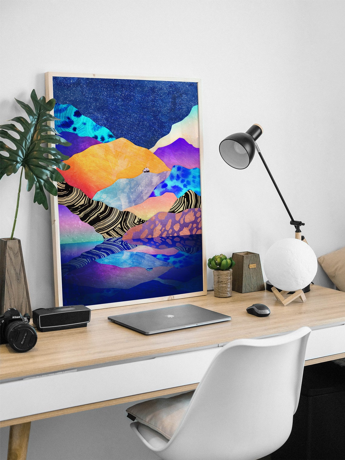 Patterned Mountain Lake Under Starry Night Sky Poster for Decor - Image 3