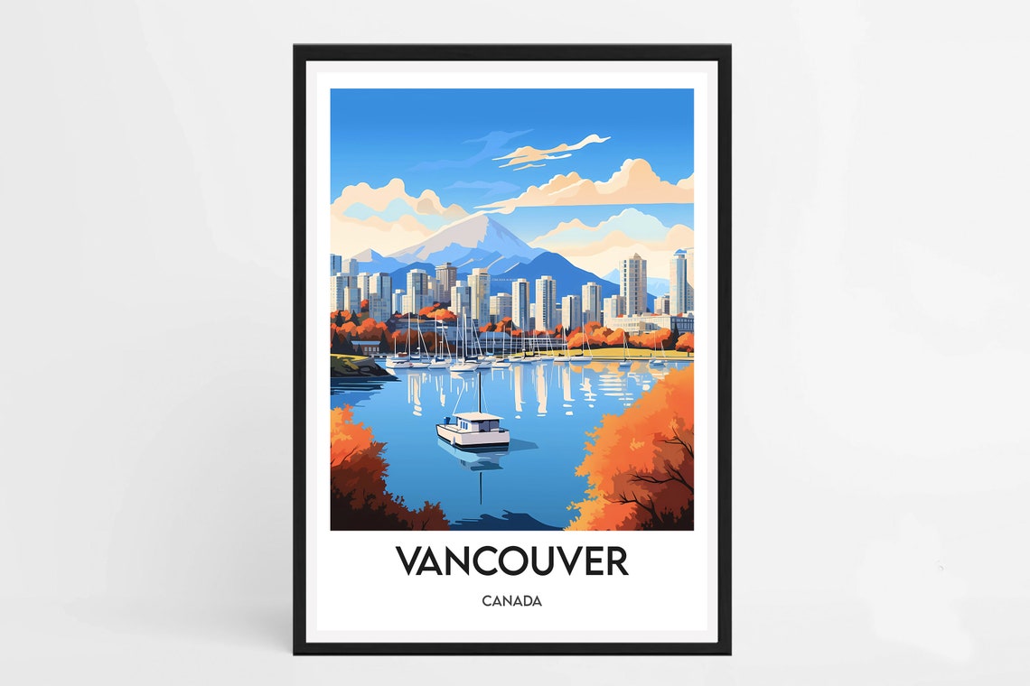 Vancouver Canada Autumn Marina Skyline Mountain Travel Poster