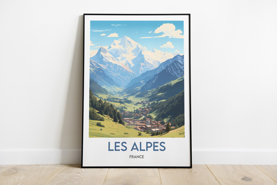 Les Alpes France Snowy Peaks Village Minimalist Travel Poster
