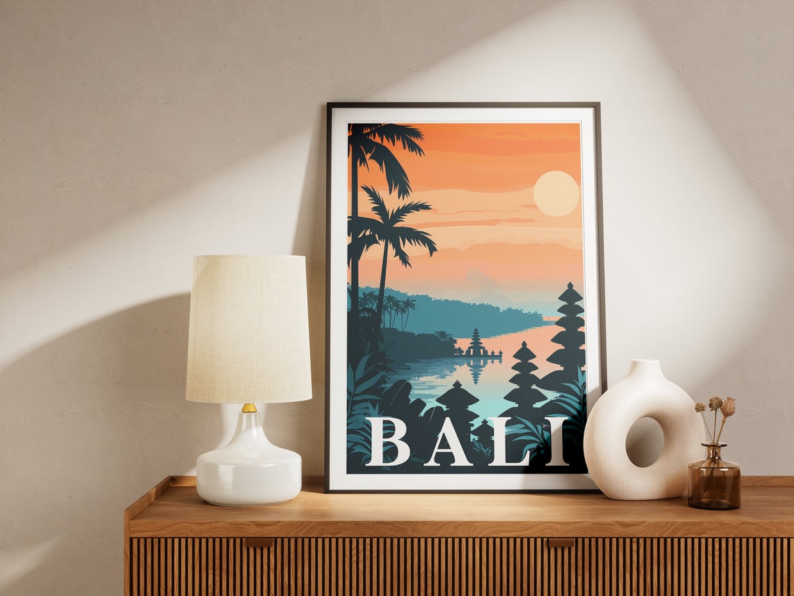 Bali Indonesia Sunset Temple Lake Palms Silhouette Art Poster - Image 2