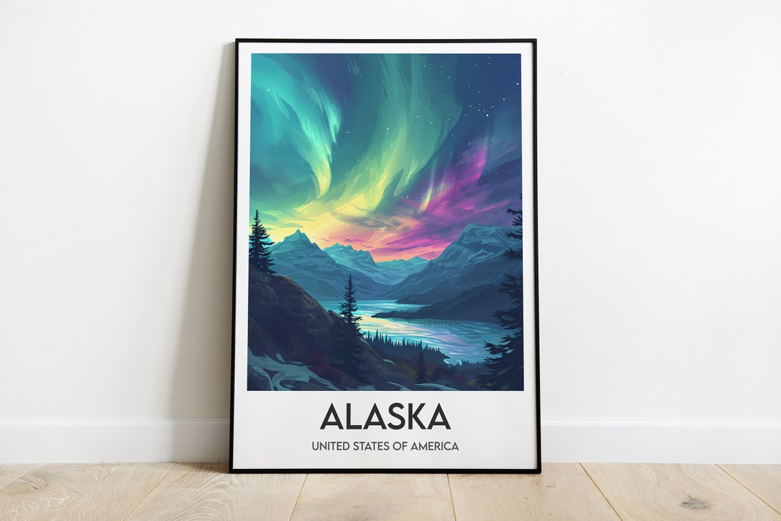 Alaska Northern Lights Aurora Lake Illustration Vintage Travel Poster