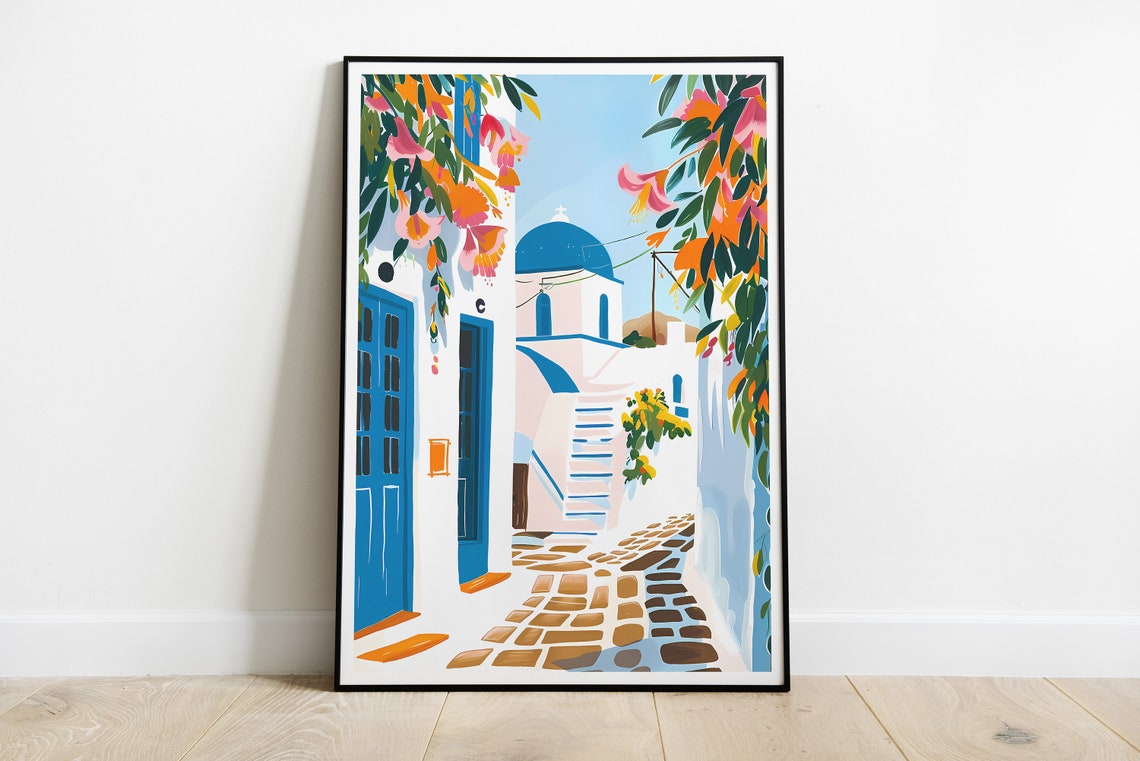 Santorini Greece Cyclades White Blue Street Bougainvillea Poster