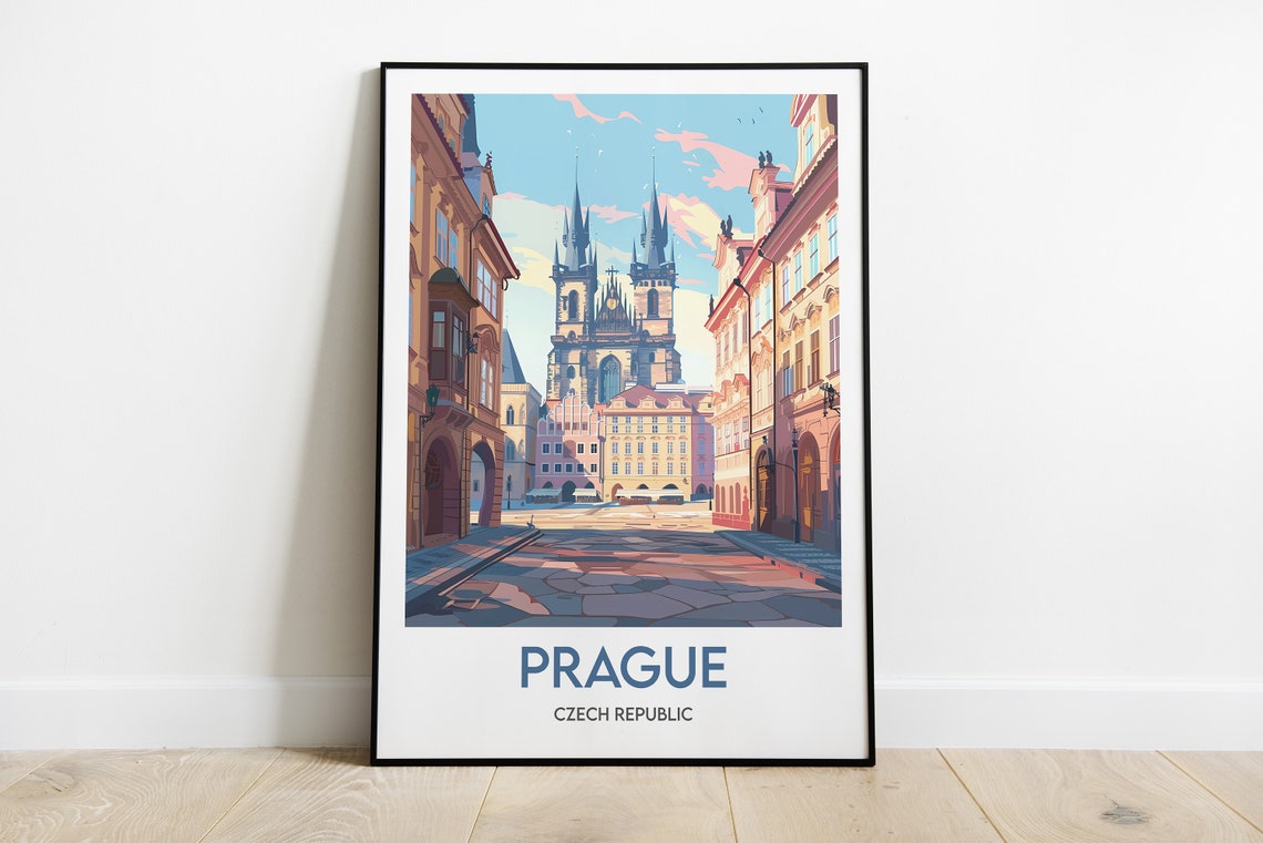 Prague Old Town Square Tyn Church Towers Czech Travel Poster