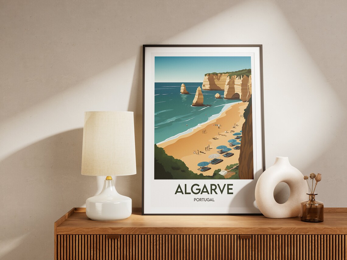 Algarve Portugal Sea Stacks Golden Beach Umbrellas Cliff Travel Poster - Image 2