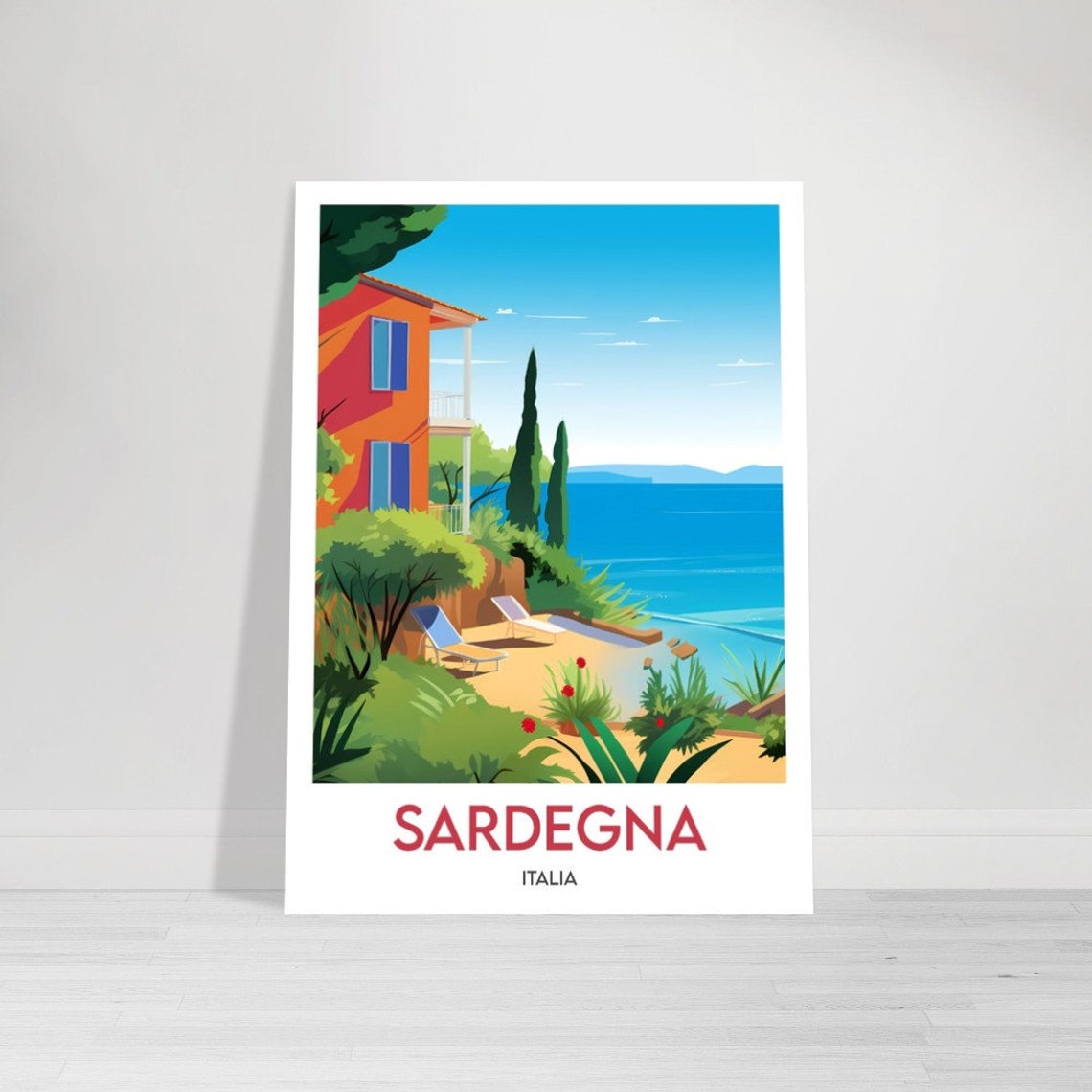 Sardegna Italia Villa Terrace Cypress Trees Beachfront Travel Poster - Image 2