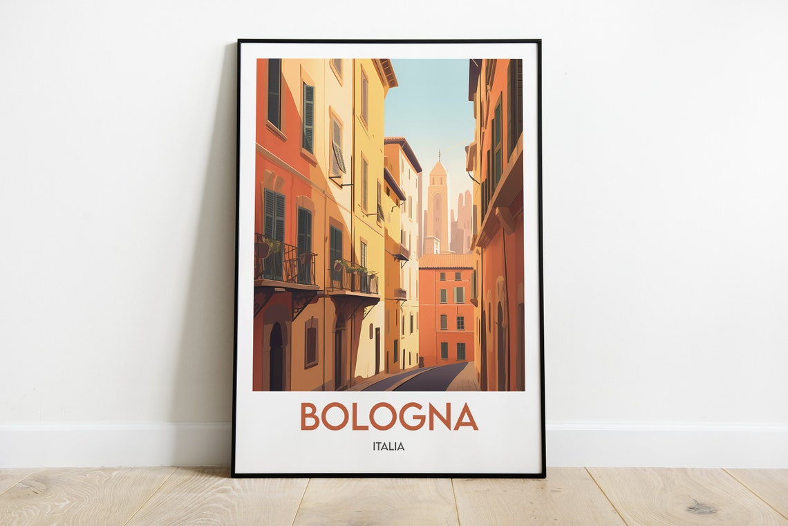Bologna Italia Warm Orange Street and Historic Tower Travel Poster