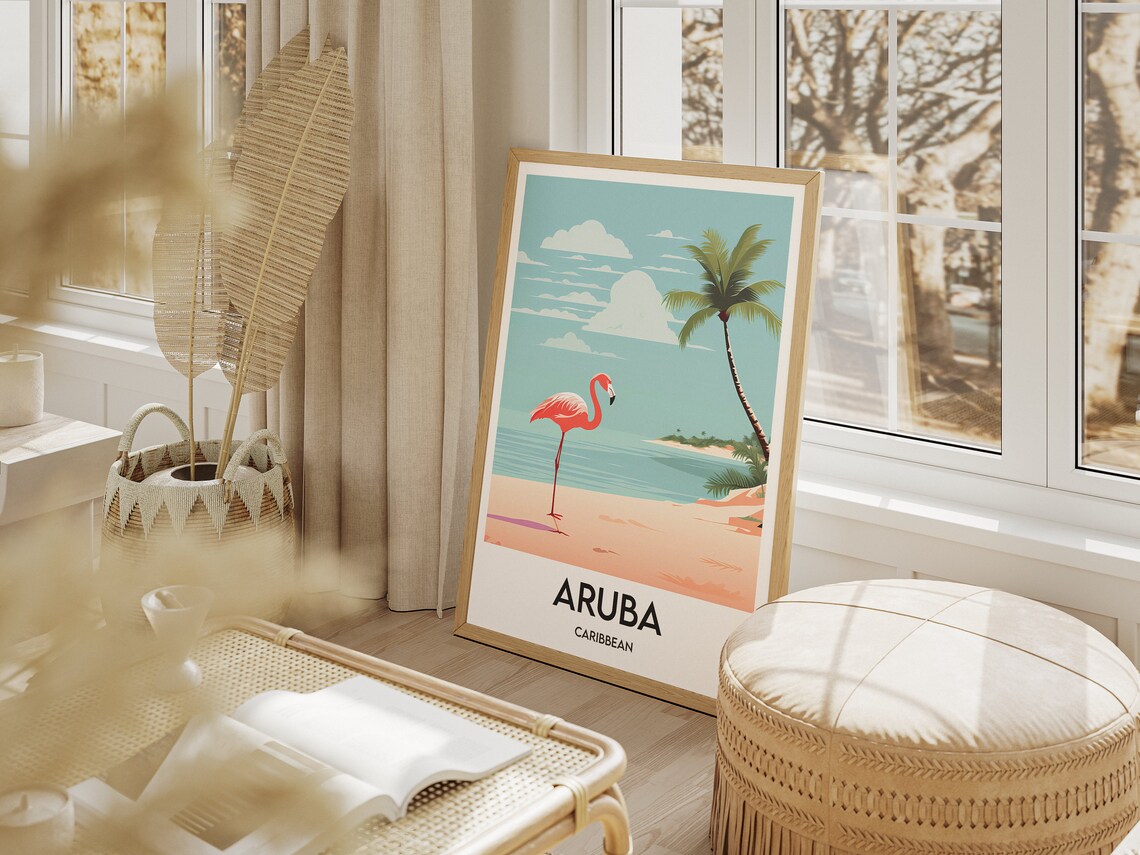 Aruba Caribbean Flamingo Palm Beach Pastel Sunset Travel Poster - Image 2
