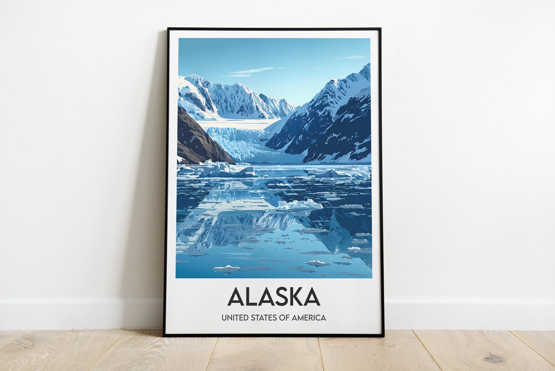 Alaska Glacier Fjord Snowy Mountain Ice Illustration Travel Poster