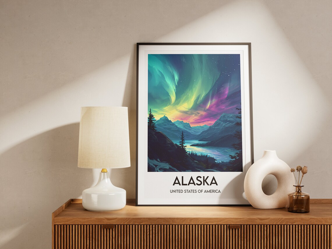 Alaska Northern Lights Aurora Lake Illustration Vintage Travel Poster - Image 2