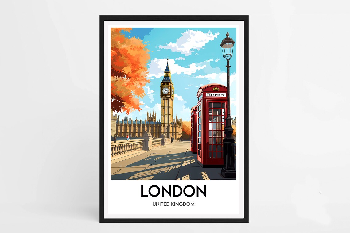 London Big Ben Red Phone Box Autumn Street Scene Classic Poster