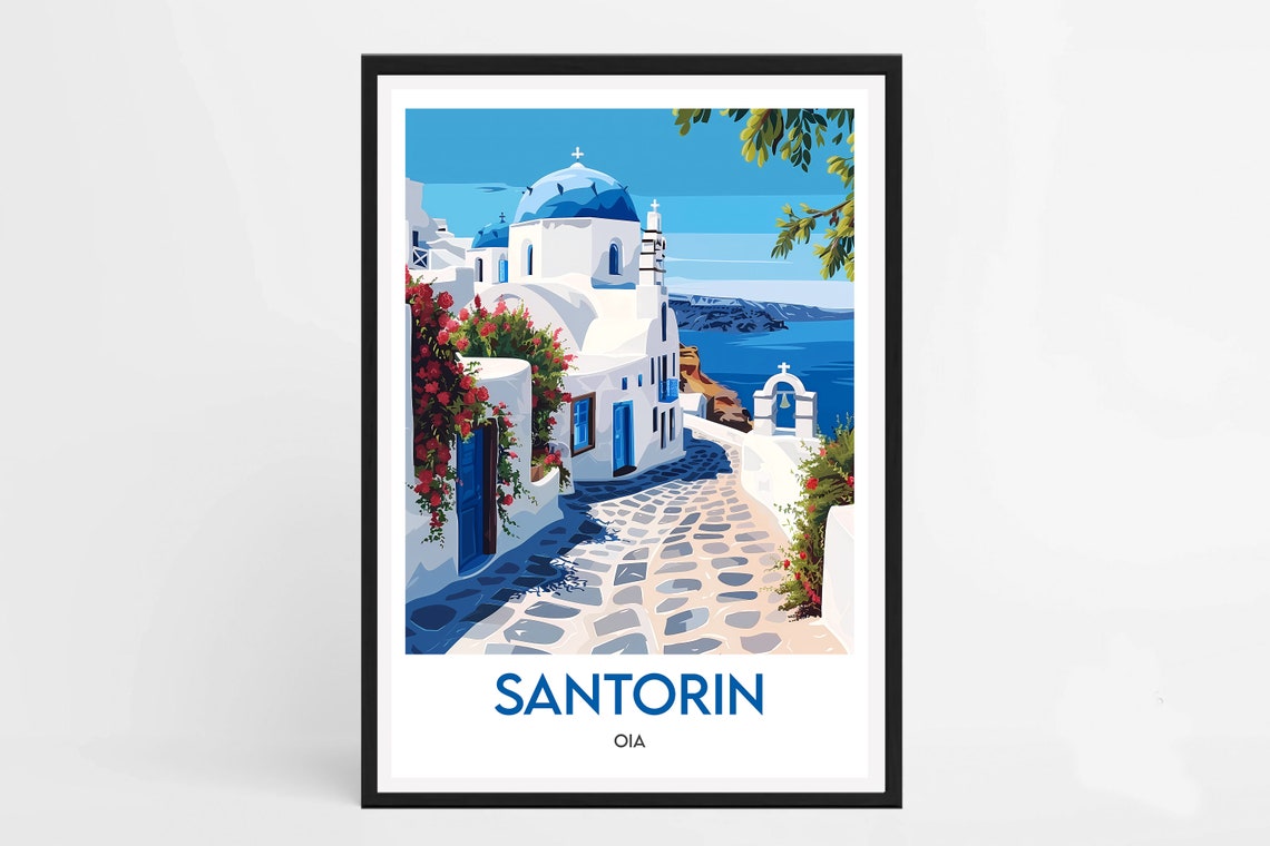 Santorin Oia Blue Dome Cobblestone Lane Red Blooms Classic Poster