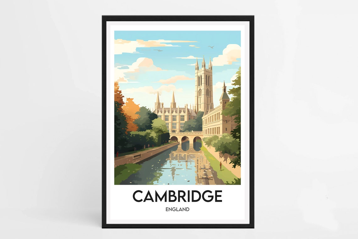 Cambridge England University Skyline River Bridge Travel Poster