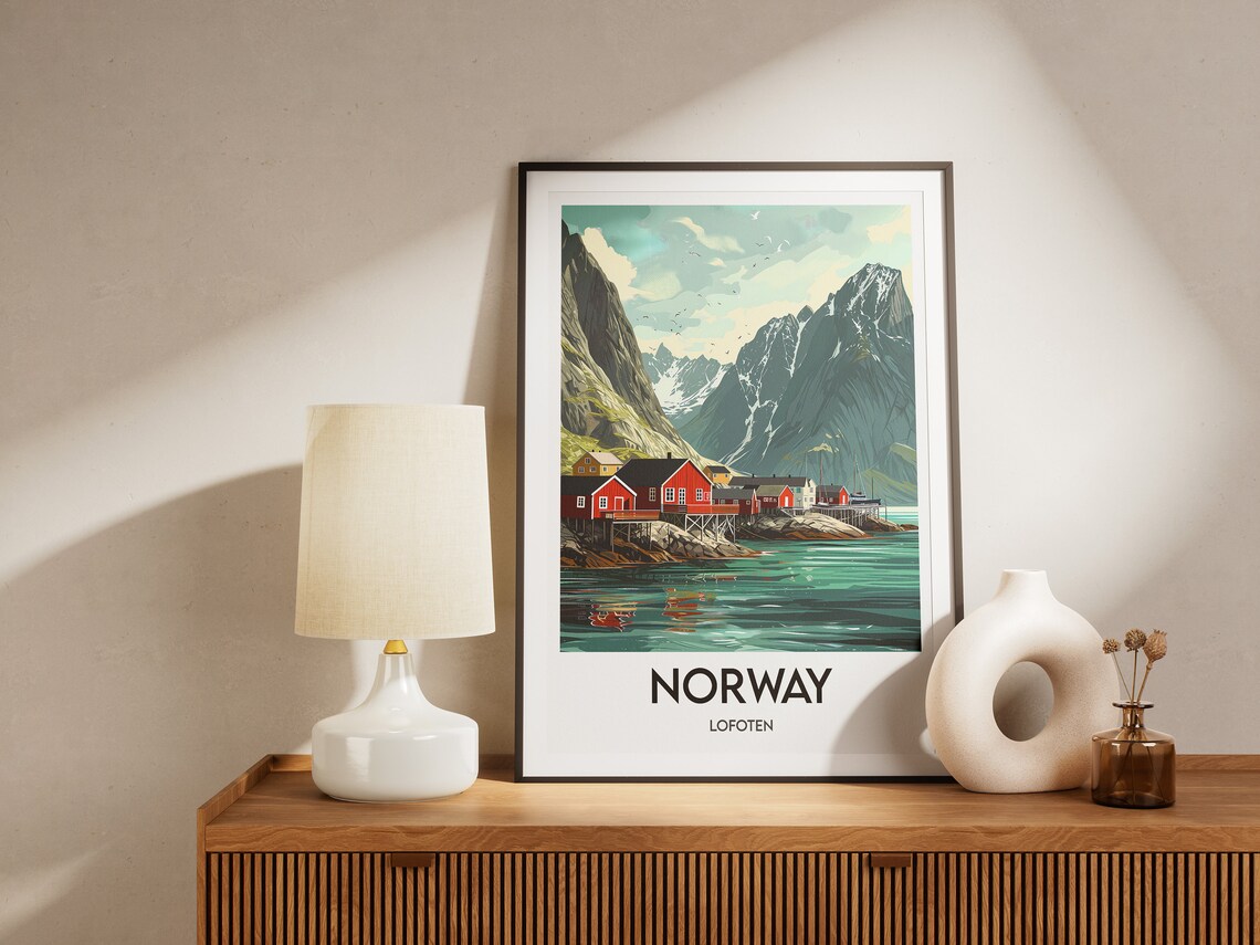 Norway Lofoten Red Rorbu Cabins Arctic Fjord Village Travel Poster - Image 2
