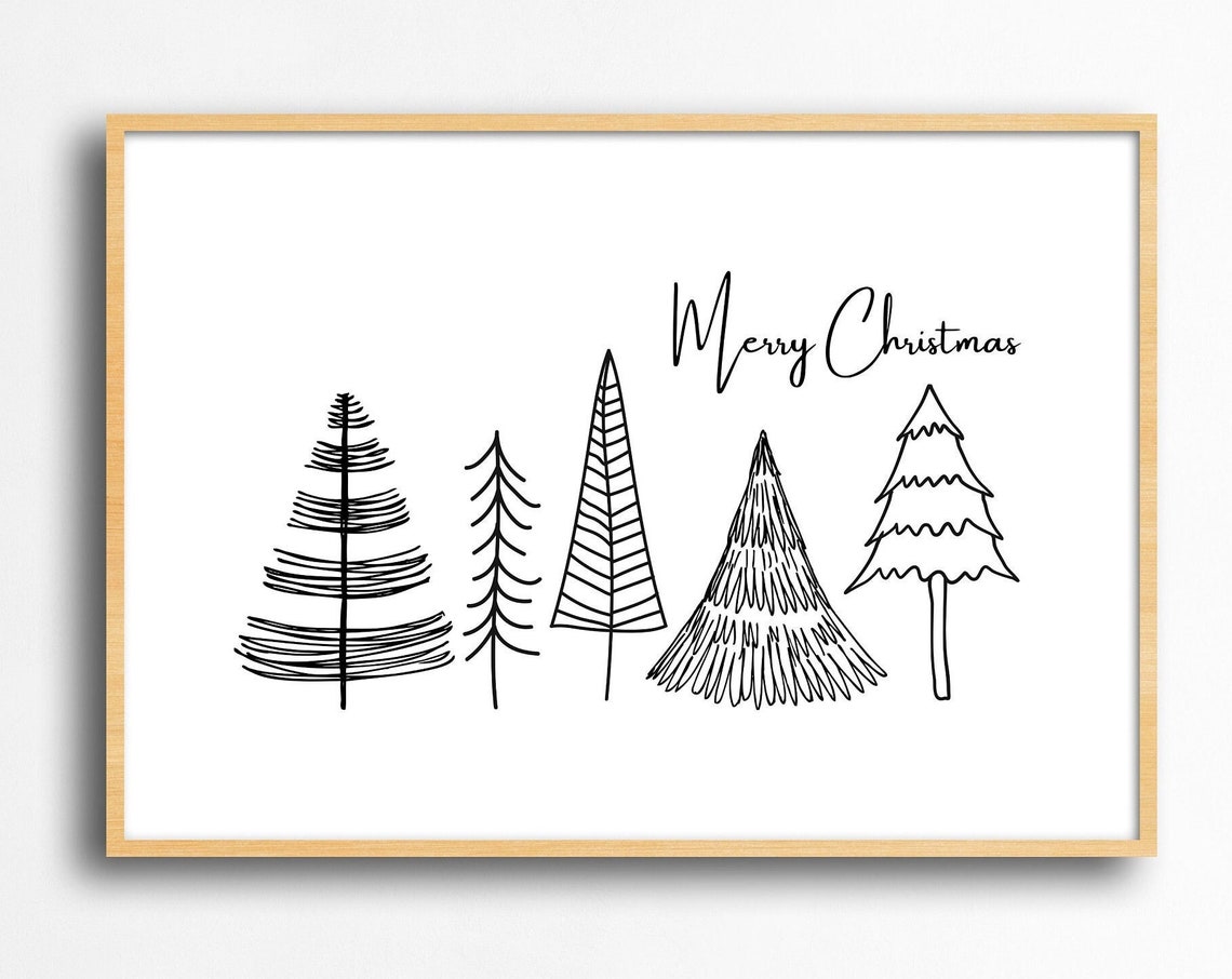 Merry Christmas Five Line Art Pine Trees Decor Wall Decor Poster