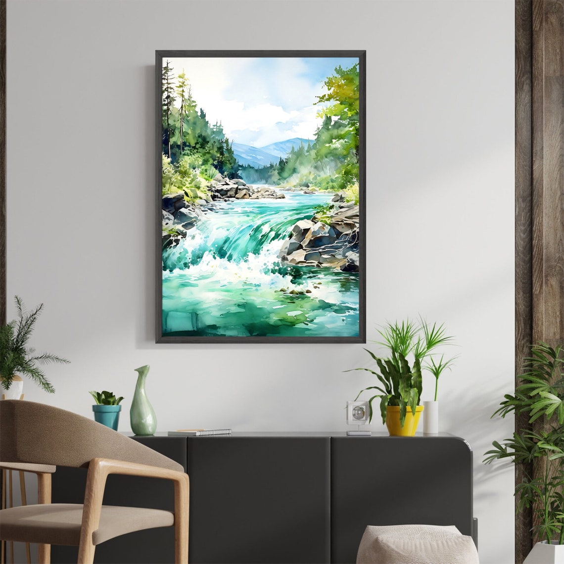 Turquoise River Rapids Rocky Falls Pine Forest Watercolor Poster - Image 3