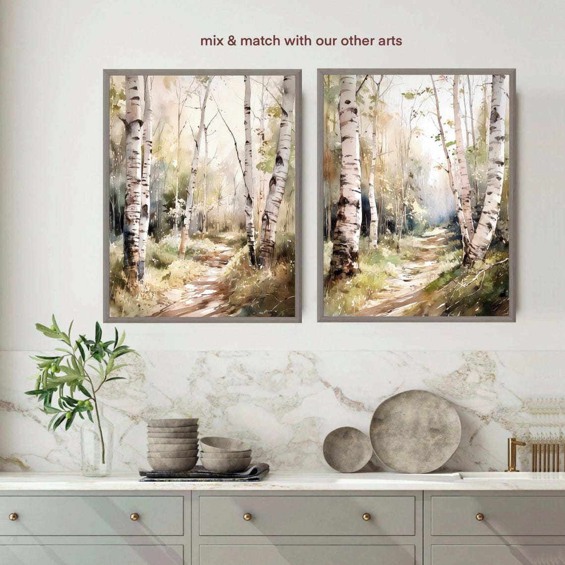Birch Forest Path Misty Morning Light Serene Watercolor Poster - Image 3