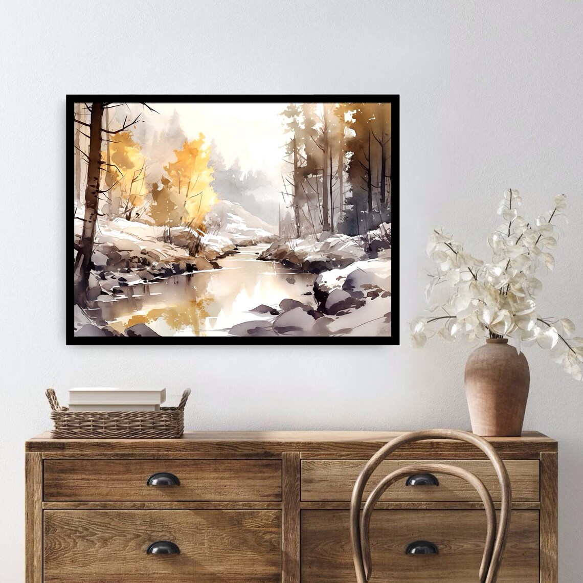 Winter River Through Snow Golden Autumn Trees Glow Watercolor Scene Poster - Image 3