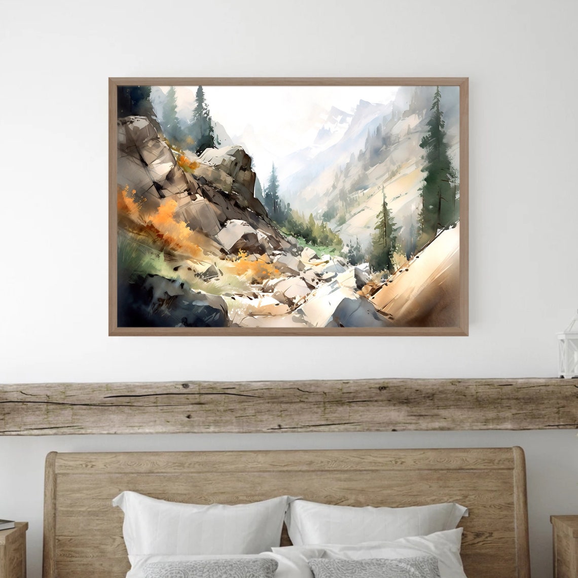 Misty Mountain Canyon Stream Watercolor Rocky Valley Scene Poster - Image 4