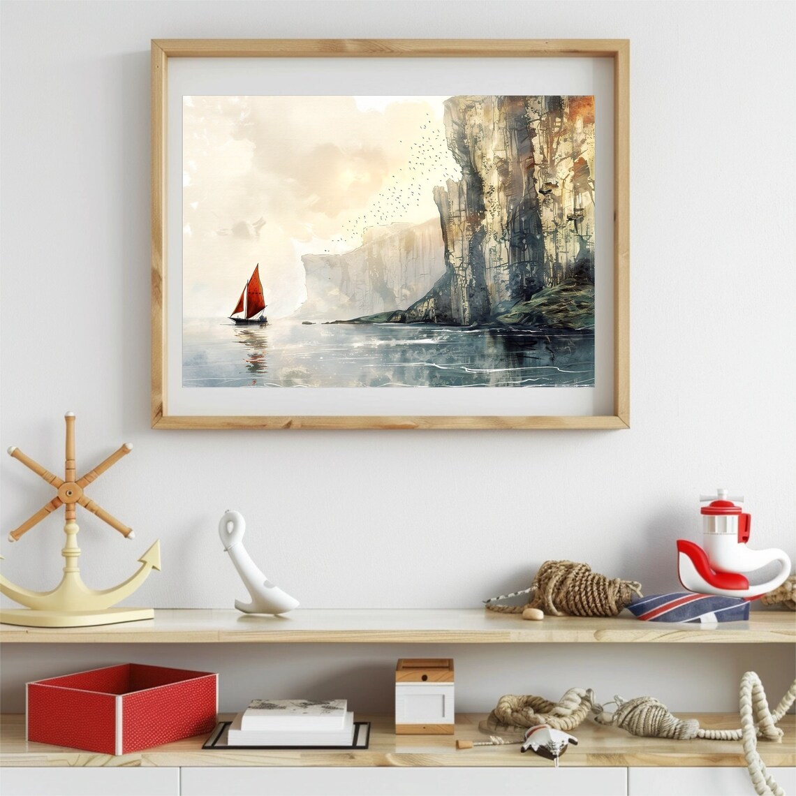 Red Sail Boat Watercolor with Tall Cliffs Birds and Calm Sea Poster - Image 2