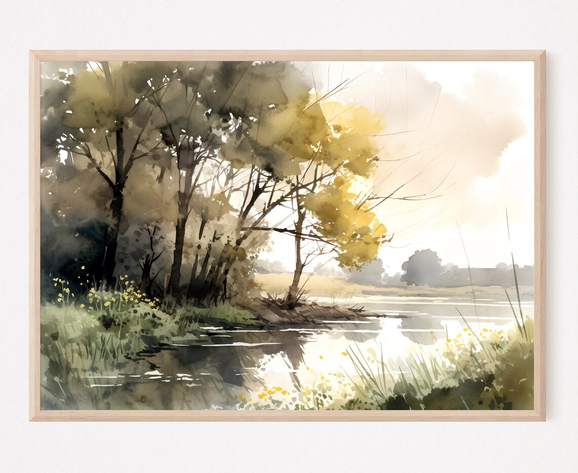 Autumn River Watercolor with Golden Trees and Calm Water Poster