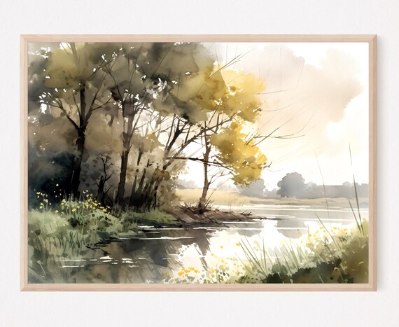 Autumn River Watercolor with Golden Trees and Calm Water Poster