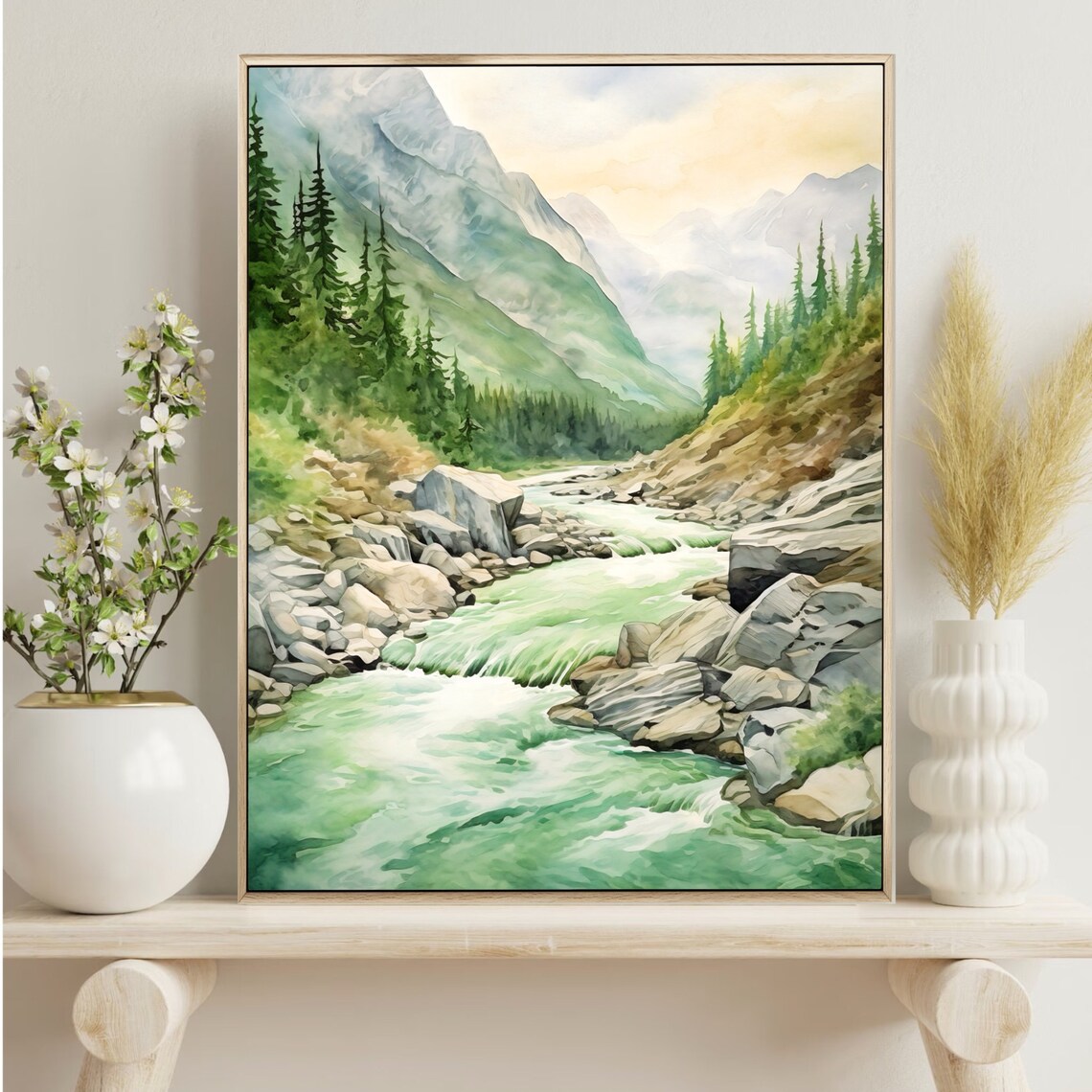 Mountain Stream Rapids Rocky Green Valley Watercolor Art Poster - Image 2