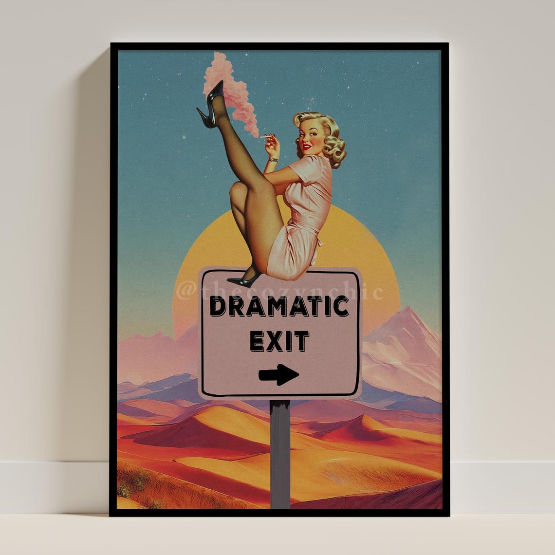 Dramatic Exit Retro Cowgirl Desert Sunset Surreal Collage Poster