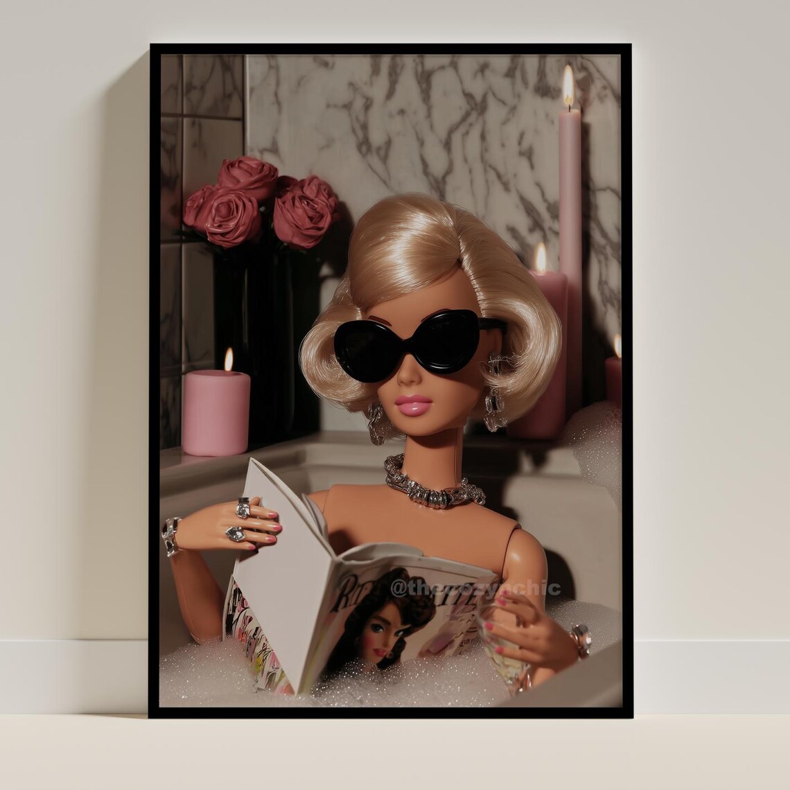Glamorous Blonde Fashion Doll Bubble Bath Reading Magazine Poster
