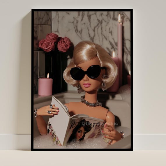 Vintage Fashion Doll Bath Print Coquette Wall Decor Pink Bathroom Poster