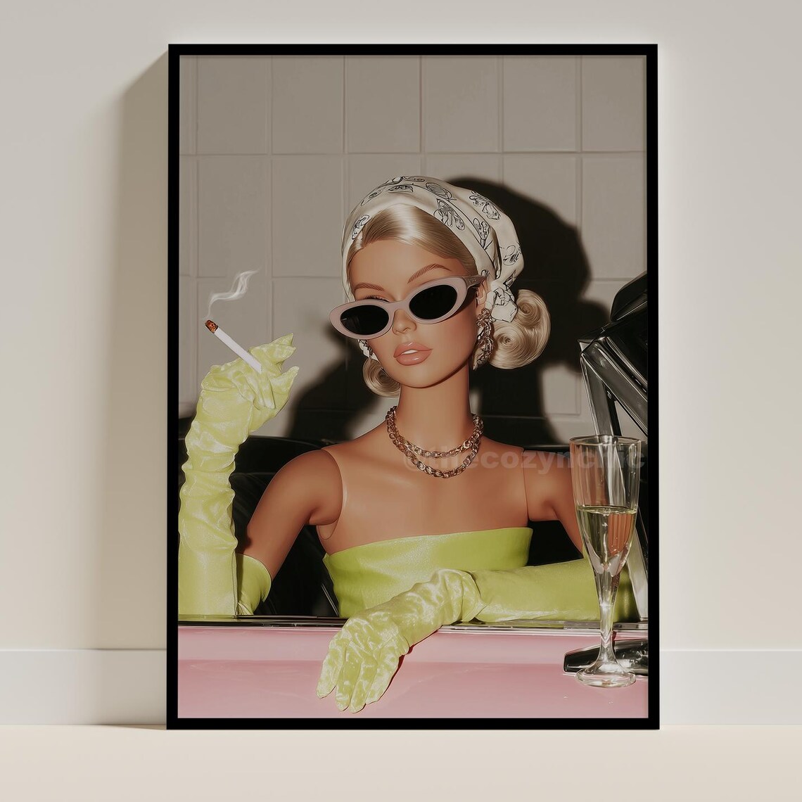 Barbie Doll Pink Convertible Sunglasses Glam Bar Cart Decor Poster