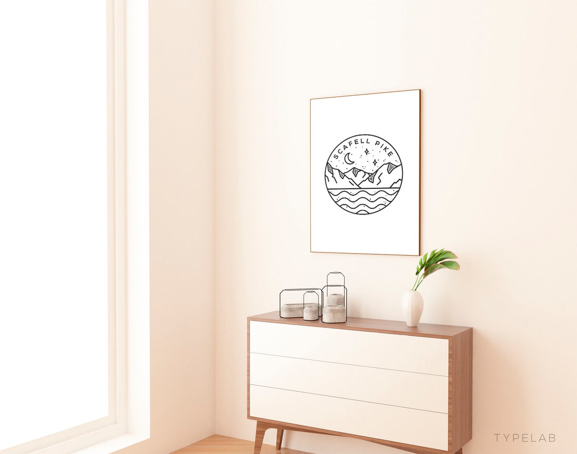 Scafell Pike Lake District Mountain Circle Moon Line Art Poster