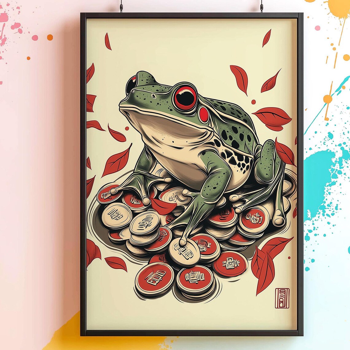 Japanese Lucky Frog Sitting on Fortune Coins Oriental Art Poster