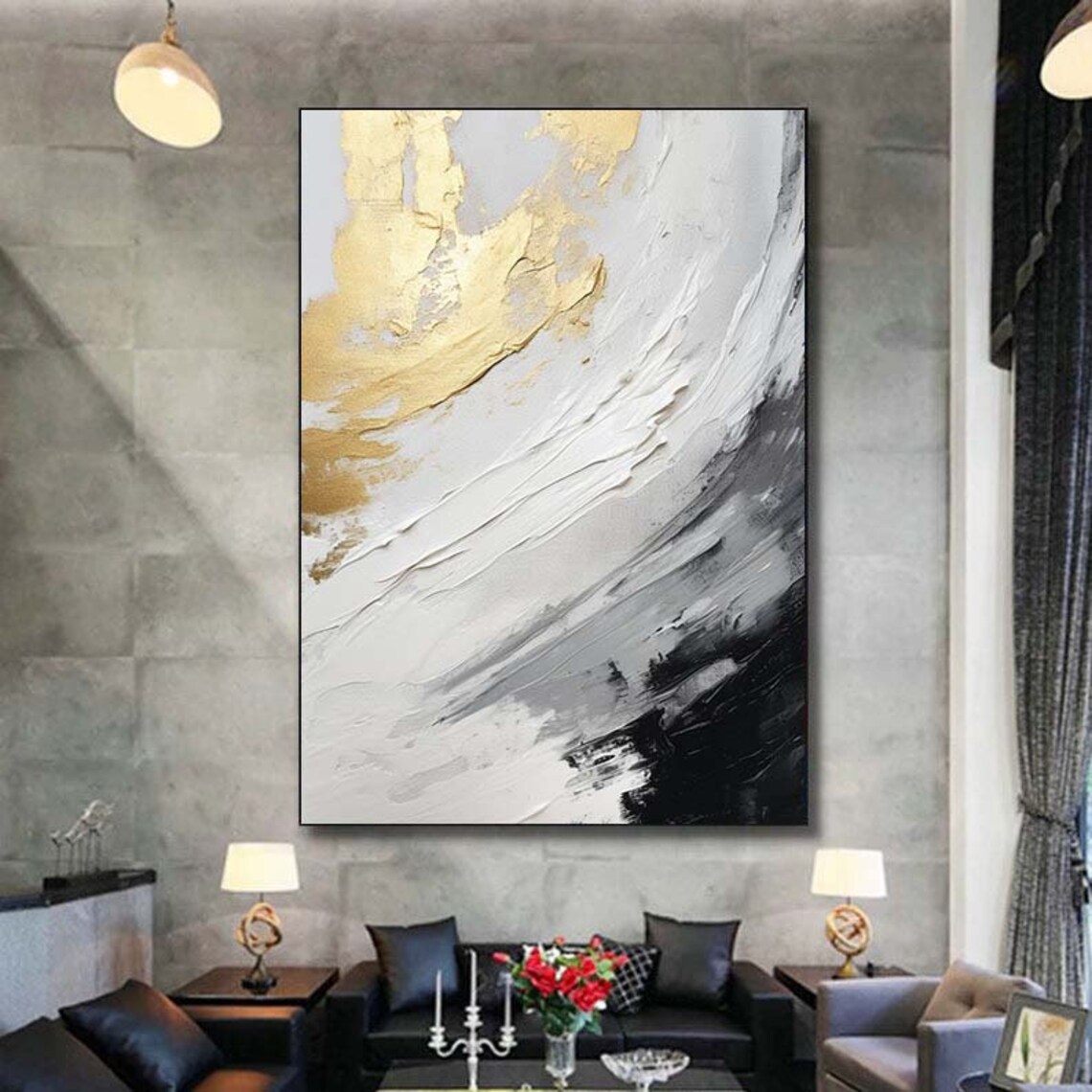 White Gold Grey Sweeping Abstract Impasto Modern Painting Poster - Image 5