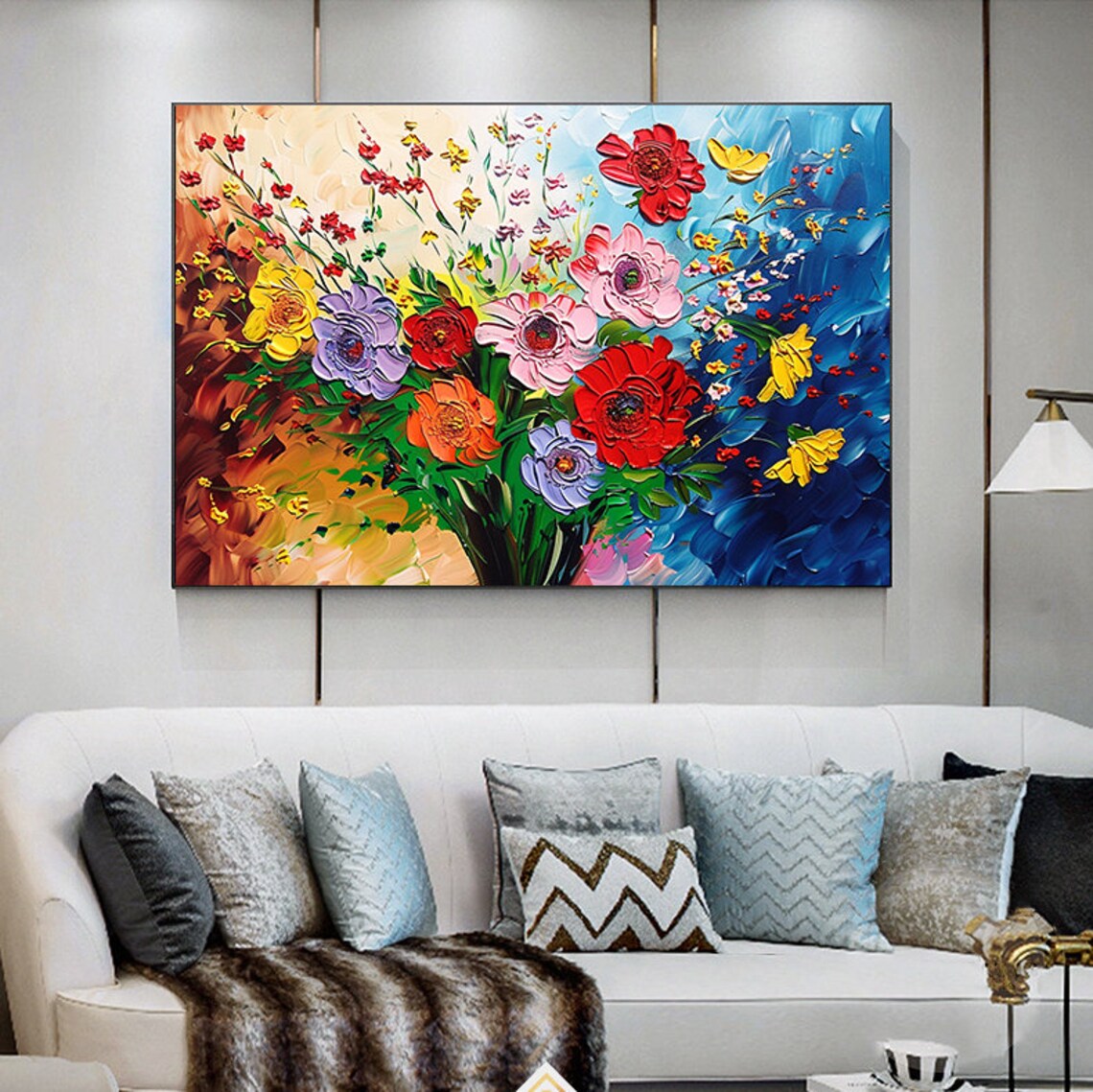 Colorful Mixed Flower Bouquet Impasto Painting on Blue Canvas Poster - Image 2
