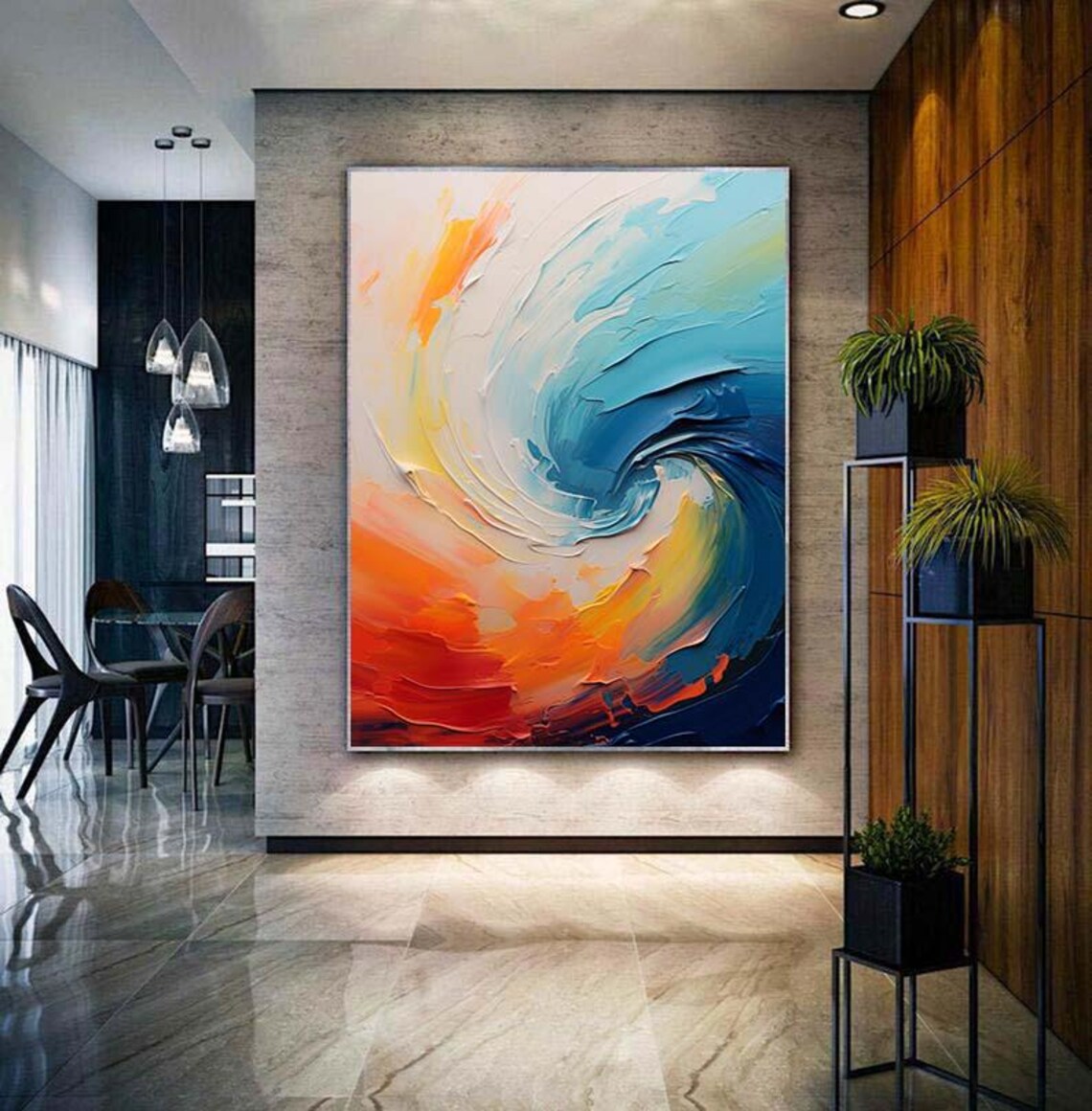 Swirling Ocean Wave Blue Orange Abstract Modern Painting Poster - Image 3