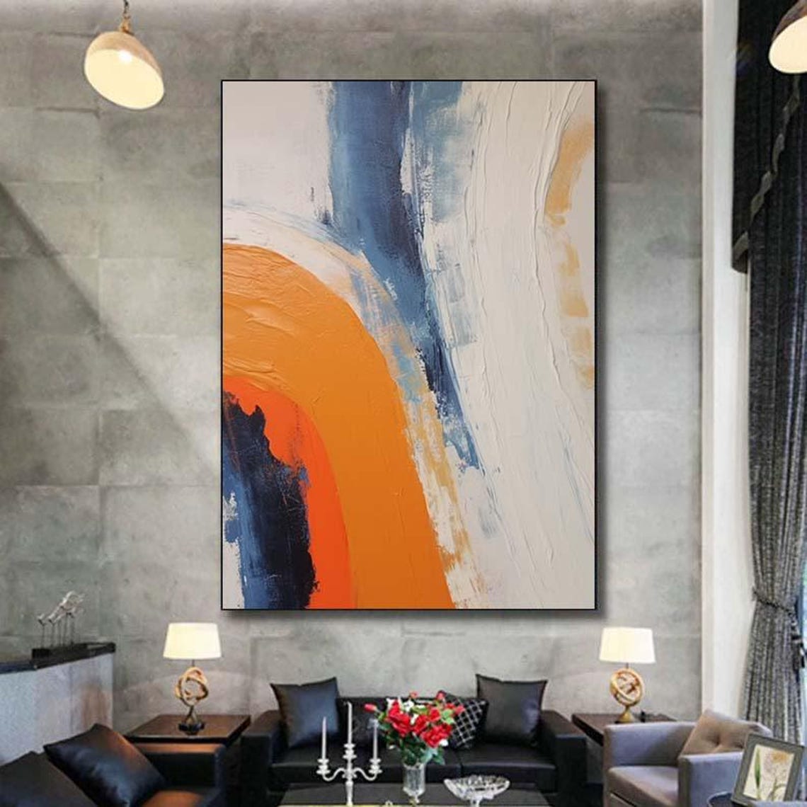 Bold Orange Rainbow Arc Abstract Sweeping Over Blue White Poster - Image 7