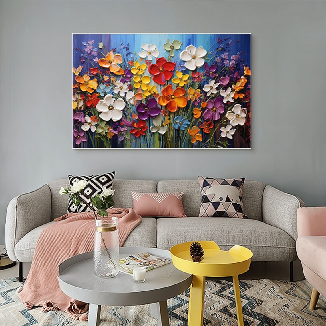 Lush Impasto Wildflower Field With Red Orange Blooms On Blue Poster - Image 5