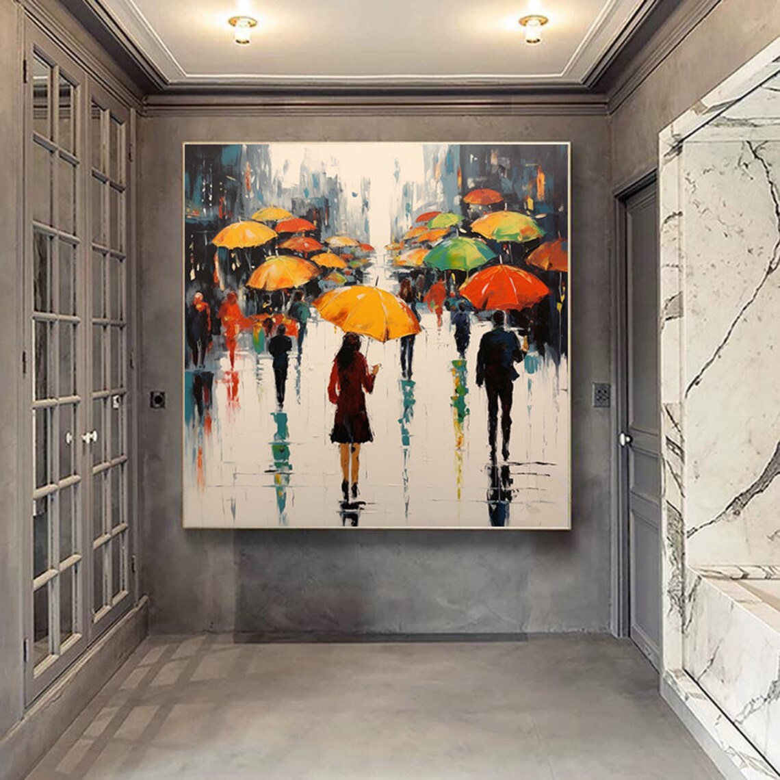 Rainy City Street Scene With Colorful Umbrellas Impression Poster - Image 6