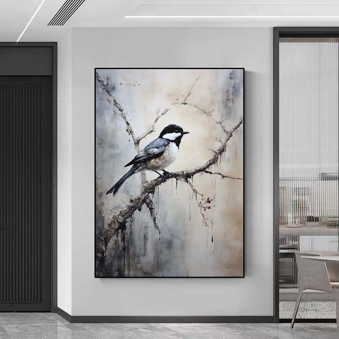 Black And White Chickadee Perched On Branch Misty Art Poster - Image 6