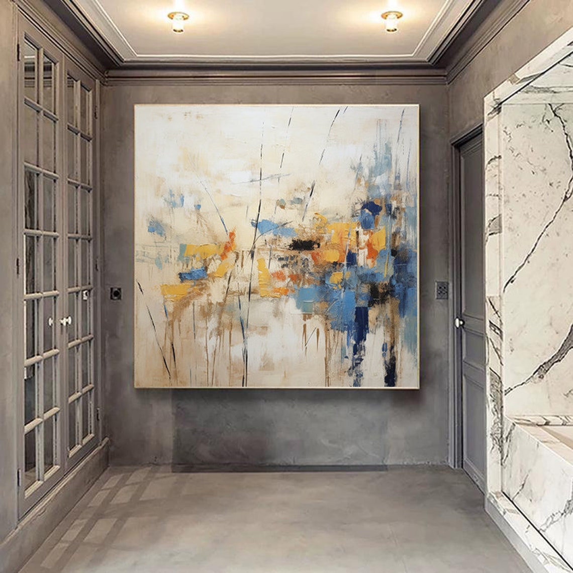 Cream Blue and Mustard Abstract Brushwork Square Wall Poster - Image 2