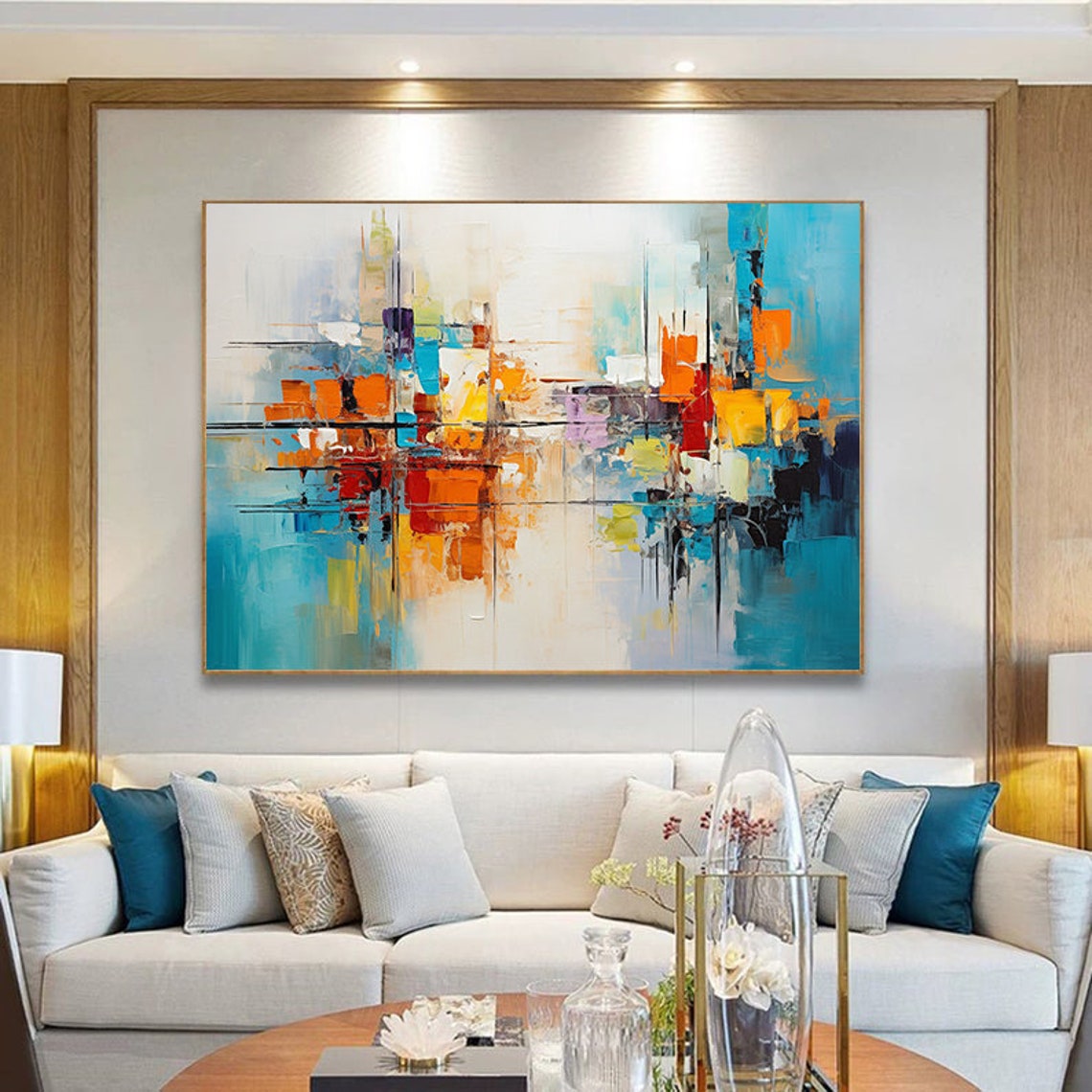 Lively Coastal Abstract Cityscape In Turquoise Orange White Poster - Image 2