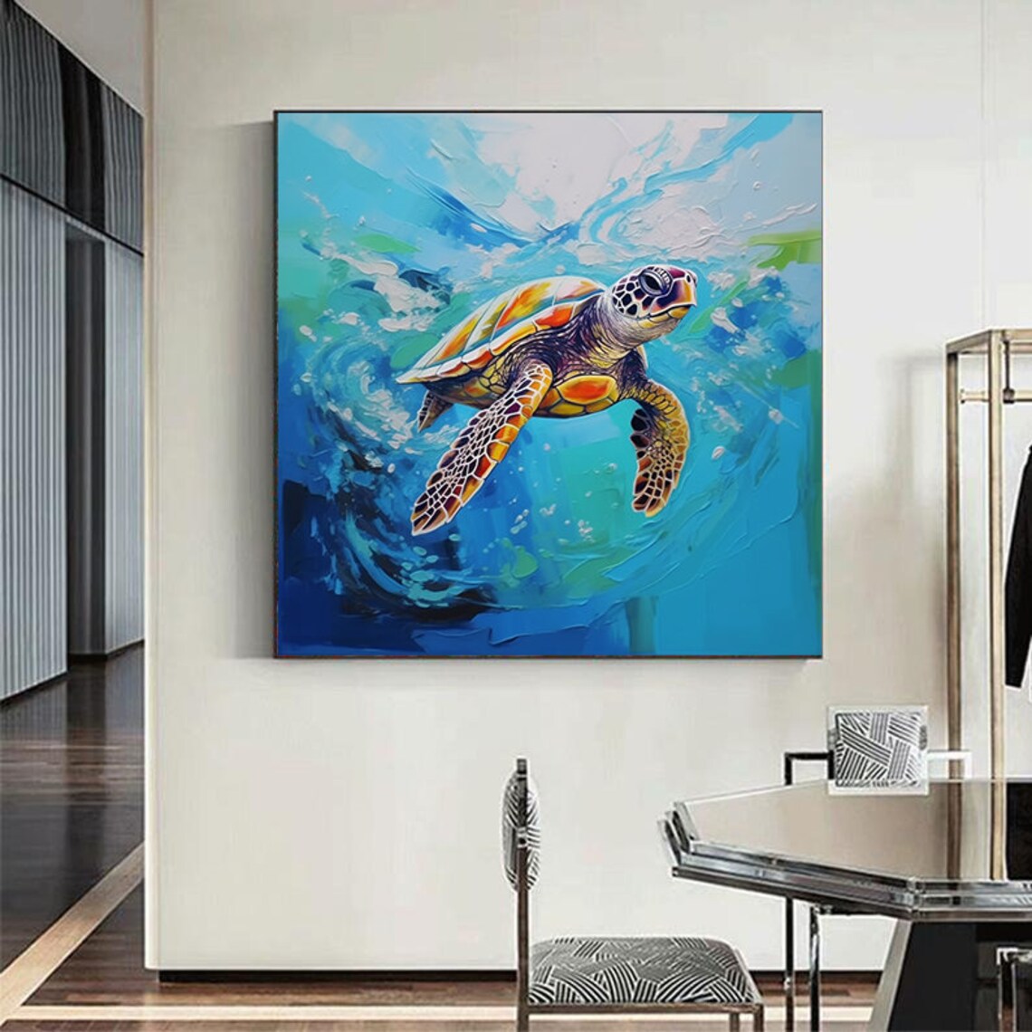 Colorful Sea Turtle Underwater Blue Ocean Impasto Art Poster - Image 6