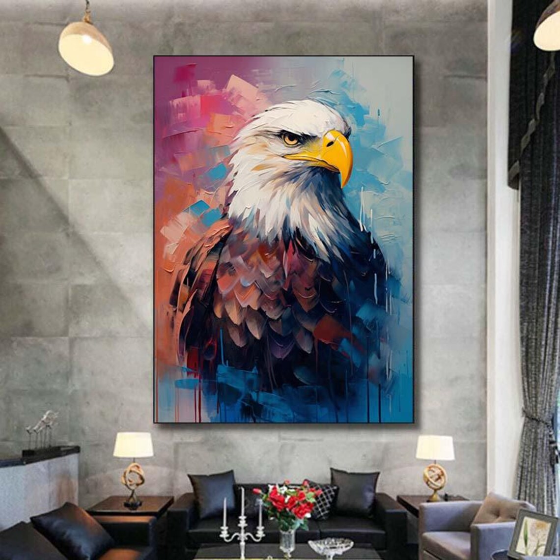 Majestic Bald Eagle Portrait Against Pink and Blue Oil Poster - Image 7