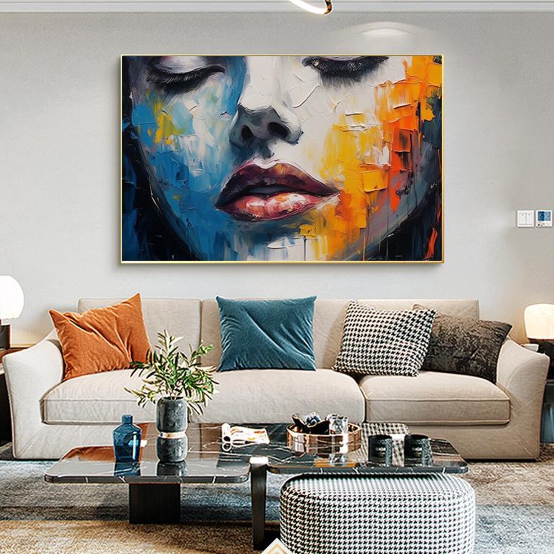 Blue Orange Abstract Woman Face Palette Knife Oil Painting Poster - Image 4