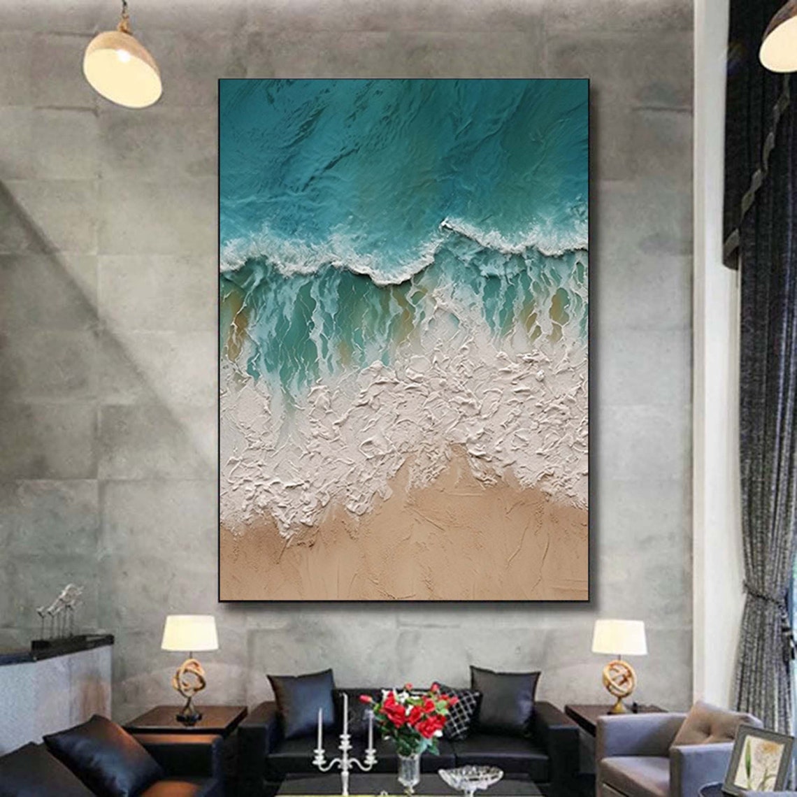 Turquoise White Ocean Waves Beach 3D Textured Coastal Wall Poster - Image 3